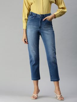 SHOWOFFFF - Women Low Distress Blue Straight Fit Denim Jeans
