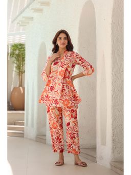 Rain & Rainbow - Printed Mandarian Collar Pure Cotton Tunic with Pant Co-Ord Set (Set of 2)