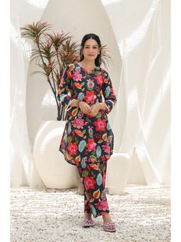 Rain & Rainbow - Navy Blue Floral Printed Pure Cotton Round Neck Tunic with Pants (Set of 2)