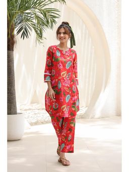 Rain & Rainbow - Red Floral Printed Pure Cotton Round Neck Tunic with Pants (Set of 2)