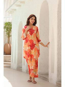 Rain & Rainbow - Peach Printed Lace Inserts Pure Cotton Tunic with Pants (Set of 2)