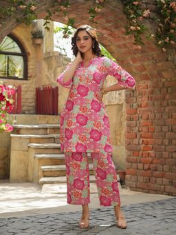 Rain & Rainbow - Pink Floral Printed Pure Cotton Tunic with Pant (Set of 2)
