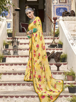 Odette - Yellow Georgette Floral Printed Saree with Unstitched Blouse