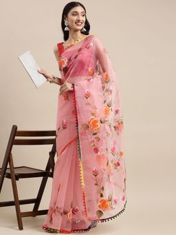 Vastranand - Peach Organza Party Wear Saree With Hand Paint Flower Butta with Unstitched Blouse