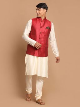 Vastramay - Mens Maroon and Cream Viscose Jacket - Kurta and Pyjama (Set of 3)
