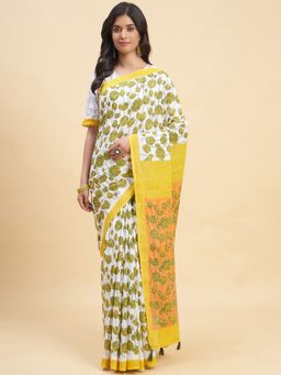 Sooti Syahi - Azalia Yellow Handblock Print Mul Cotton Saree with Unstitched Blouse
