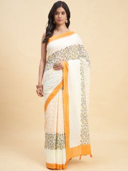 Sooti Syahi - Crape Myrtle Orange Handblock Print Mul Cotton Saree with Unstitched Blouse