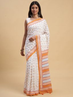 Sooti Syahi - White Penguins Handblock Print Mul Cotton Saree with Unstitched Blouse