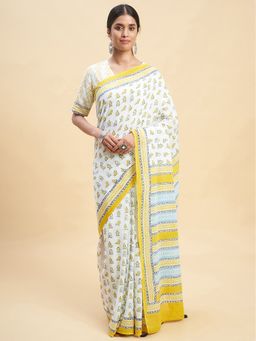 Sooti Syahi - White Penguins Block Printed Cotton Saree with Unstitched Blouse