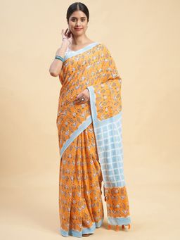 Sooti Syahi - Crab In Orange Handblock Print Mul Cotton Saree with Unstitched Blouse