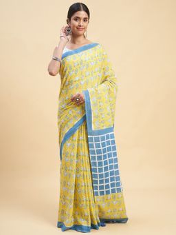 Sooti Syahi - Crab In Green Block Printed Cotton Saree with Unstitched Blouse
