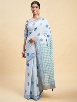 Sooti Syahi - Ocean Blue Pearls Block Printed Cotton Saree with Unstitched Blouse