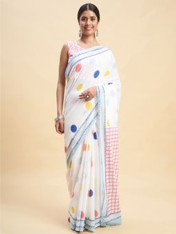 Sooti Syahi - White Block Printed Cotton Saree with Unstitched Blouse