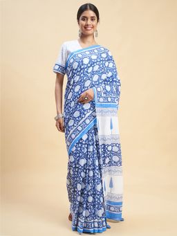 Sooti Syahi - Botanical Blue Block Printed Cotton Saree with Unstitched Blouse