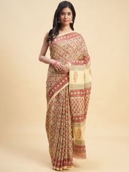 Sooti Syahi - Arabica Handblock Print Mul Cotton Saree with Unstitched Blouse
