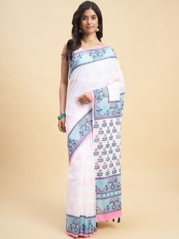 Sooti Syahi - White Color Handblock Print Mul Cotton Saree with Unstitched Blouse