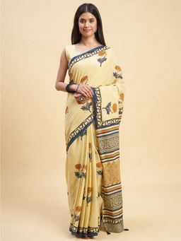 Sooti Syahi - Yellow Handblock Print Mul Cotton Saree with Unstitched Blouse