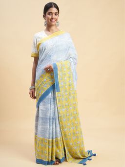 Sooti Syahi - Fiddler Yellow Crab Block Printed Cotton Saree with Unstitched Blouse