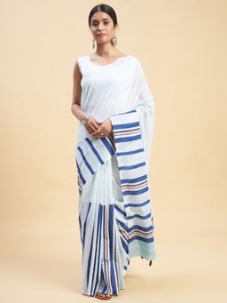 Sooti Syahi - Candy Blue Stripes Block Printed Cotton Saree with Unstitched Blouse