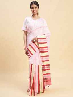 Sooti Syahi - Candy Pink Stripes Block Printed Cotton Saree with Unstitched Blouse