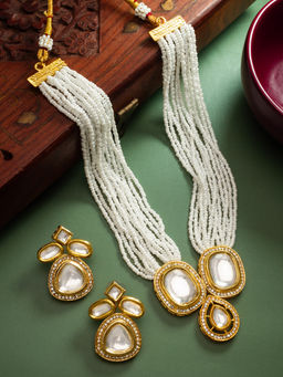Aadita - White Gold Plated Traditional Kundan Pearl Brass Necklace with Earrings