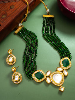 Aadita - White & Green Gold Plated Traditional Kundan Pearl Necklace with Earrings