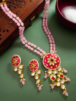 Aadita - Pink & White Gold Plated Temple Traditional Kundan Brass Jewellery Set