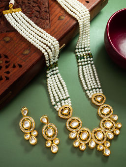 Aadita - White Gold Plated Temple Traditional Kundan Pearl Brass Jewellery Set