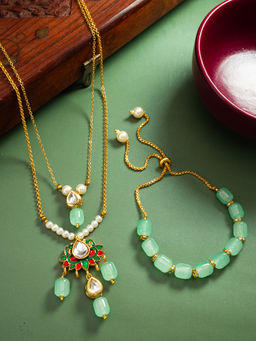 Aadita - Multi-Color Gold Plated Temple Statement Kundan Pearl Brass Jewellery Set