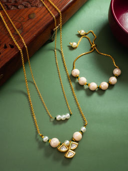 Aadita - White Gold Plated Temple Statement Kundan Pearl Brass Jewellery Set