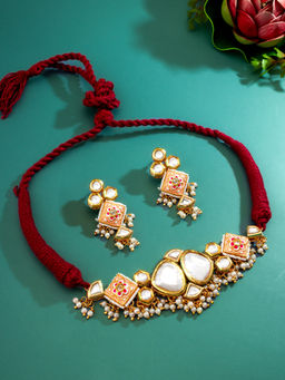 Aadita - Multi-Color Gold Plated Kundan Pearl Choker Necklace with Earrings