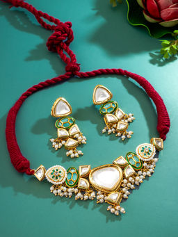 Aadita - Multi-Color Gold Plated Kundan Pearl Choker Necklace with Earrings