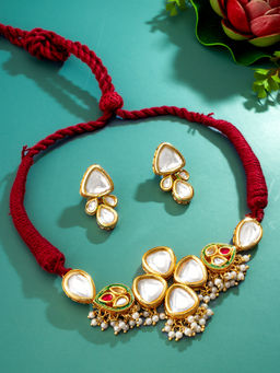 Aadita - Red & White Gold Plated Kundan Pearl Choker Necklace with Earrings