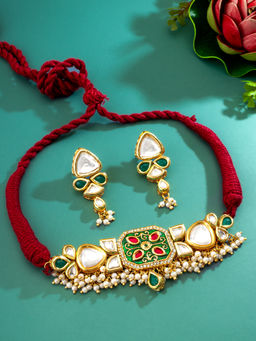 Aadita - Multi-Color Gold Plated Kundan Pearl Choker Necklace with Earrings