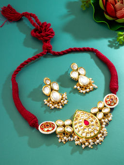 Aadita - Multi-Color Gold Plated Kundan Pearl Choker Necklace with Earrings