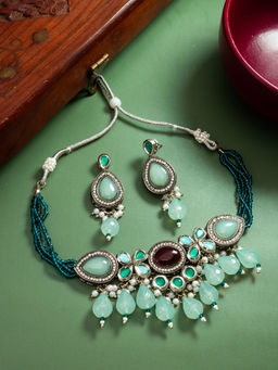 Aadita - Green Silver Plated Kundan Pearl Choker Jewellery Set