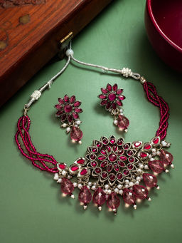 Aadita - Pink Silver Plated Kundan Pearl Choker Jewellery Set
