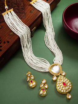 Aadita - Multi-Color Gold Plated Temple Statement Kundan Pearl Brass Jewellery Set
