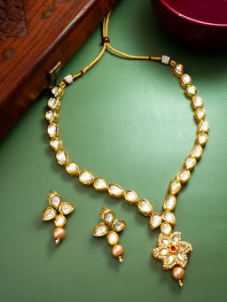 Aadita - White Gold Plated Temple Statement Kundan Pearl Brass Jewellery Set
