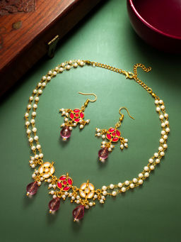 Aadita - Multi-Color Gold Plated Temple Statement Kundan Pearl Brass Jewellery Set