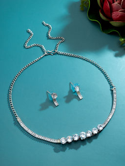 Aadita - White Silver Plated American Diamond Jewellery Set