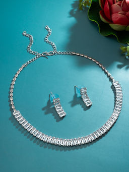 Aadita - White Silver Plated American Diamond Jewellery Set