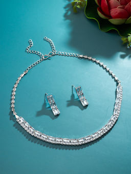 Aadita - White Silver Plated American Diamond Jewellery Set