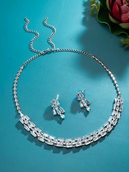 Aadita - White Silver Plated American Diamond Jewellery Set