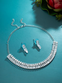 Aadita - White Silver Plated American Diamond Jewellery Set