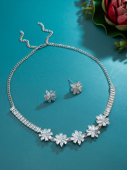 Aadita - White Silver Plated American Diamond Jewellery Set
