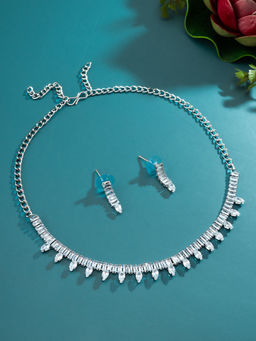 Aadita - White Silver Plated American Diamond Jewellery Set