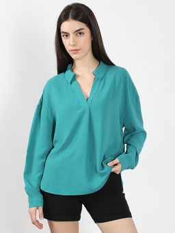 VERO MODA - Teal Solid Collar Neck Top
