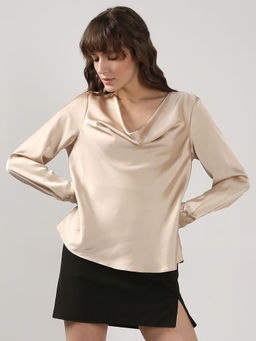 VERO MODA - Beige Cowl Neck Satin Top
