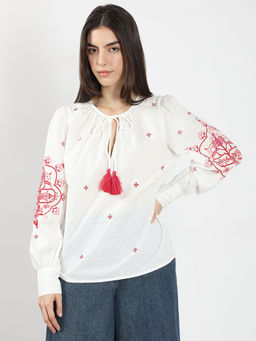 VERO MODA - White and Red Embroidered Top